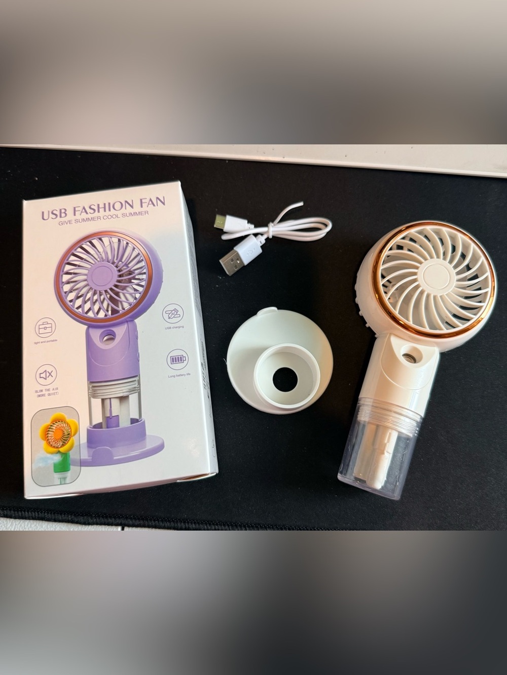 USB Rechargeable Portable Handheld Fan in White and Rose Gold